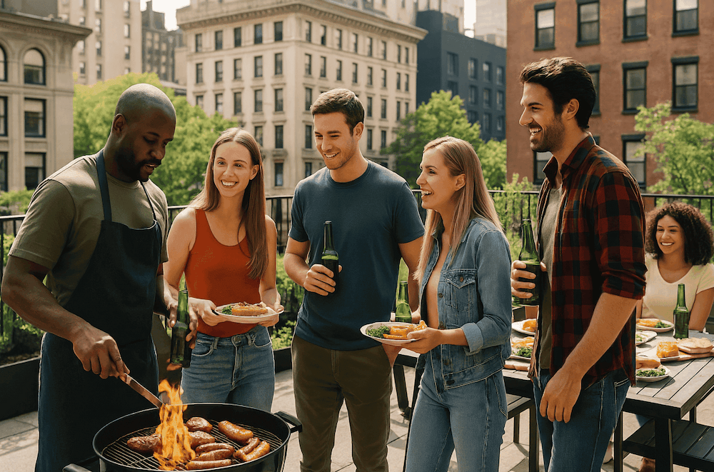 Friends enjoying a barbecue on a rooftop with a grill and city skyline in the background
